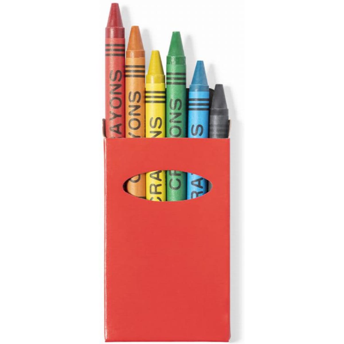 A pack of six crayons in red packaging, featuring yellow, orange, green, blue, and black crayons.