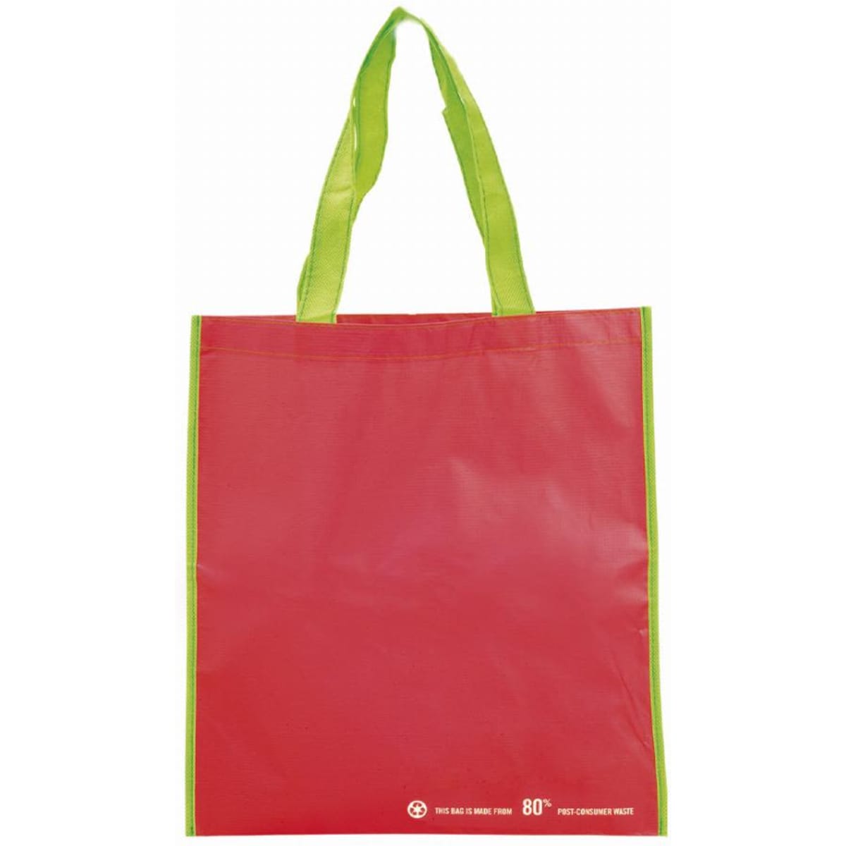 A reusable shopping bag in red with green handles. The bag features a logo on the side.
