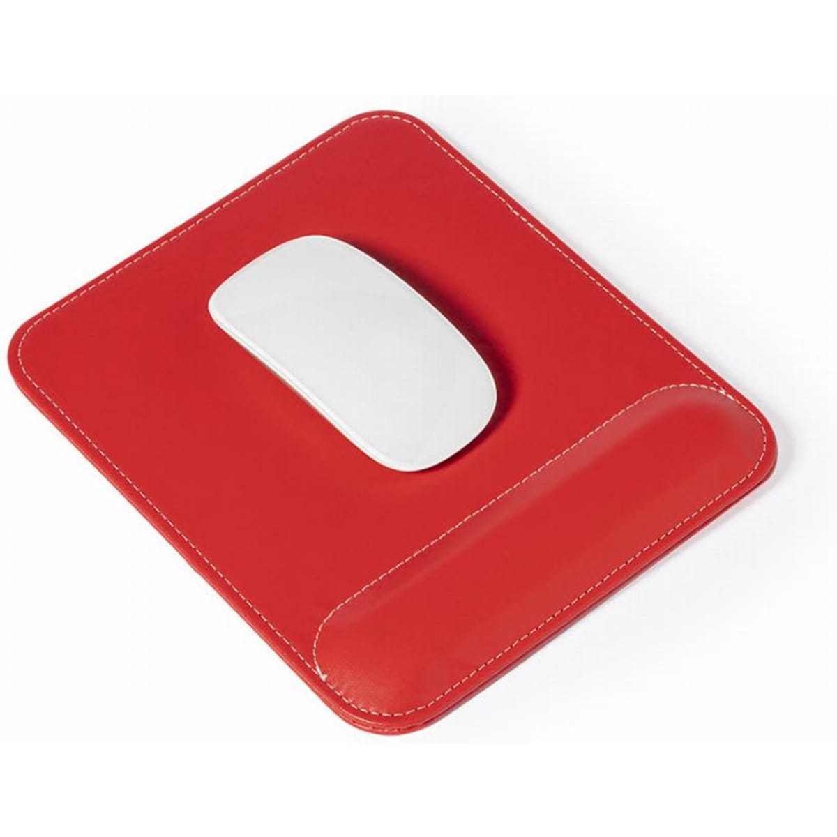 A red mouse pad featuring a white mouse. The pad has a wrist support on one side.
