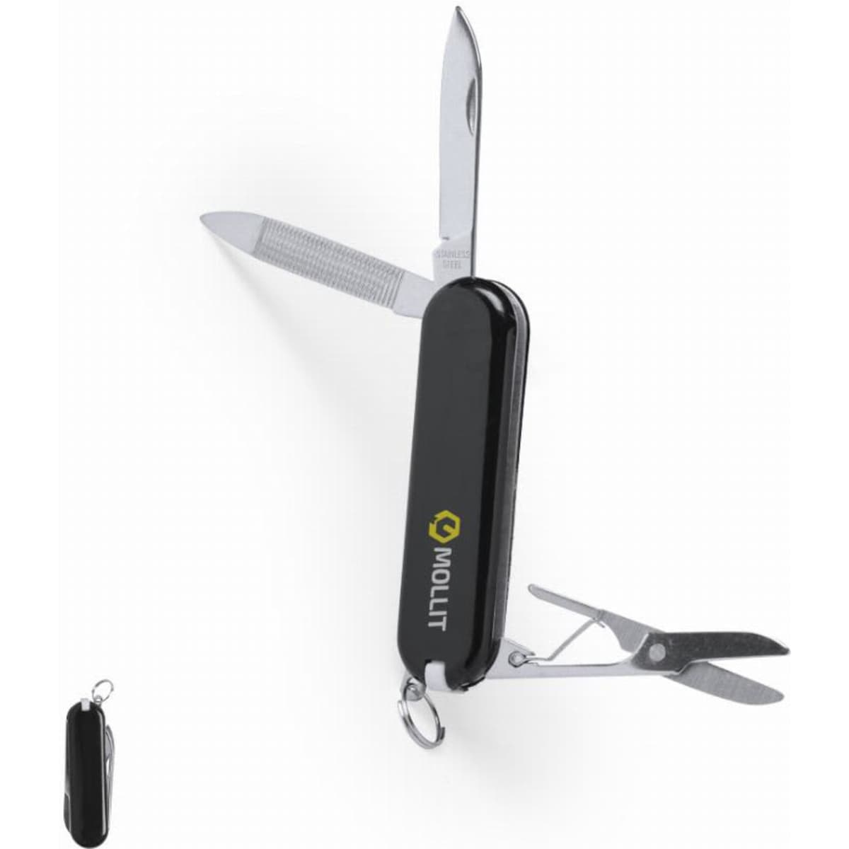 A multi-tool with a black handle featuring a knife, scissors, and a file, complete with a branding logo.