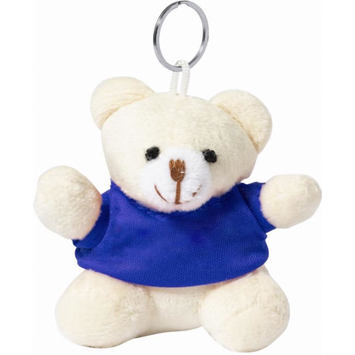 A plush teddy bear keychain featuring a white bear wearing a blue shirt. It has a keyring attached.