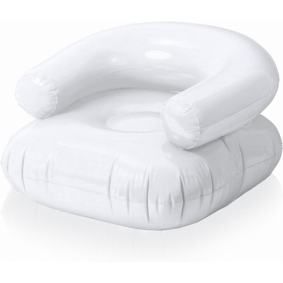 An inflatable white lounge chair with armrests and a flat base. The chair has a circular cutout in the centre.