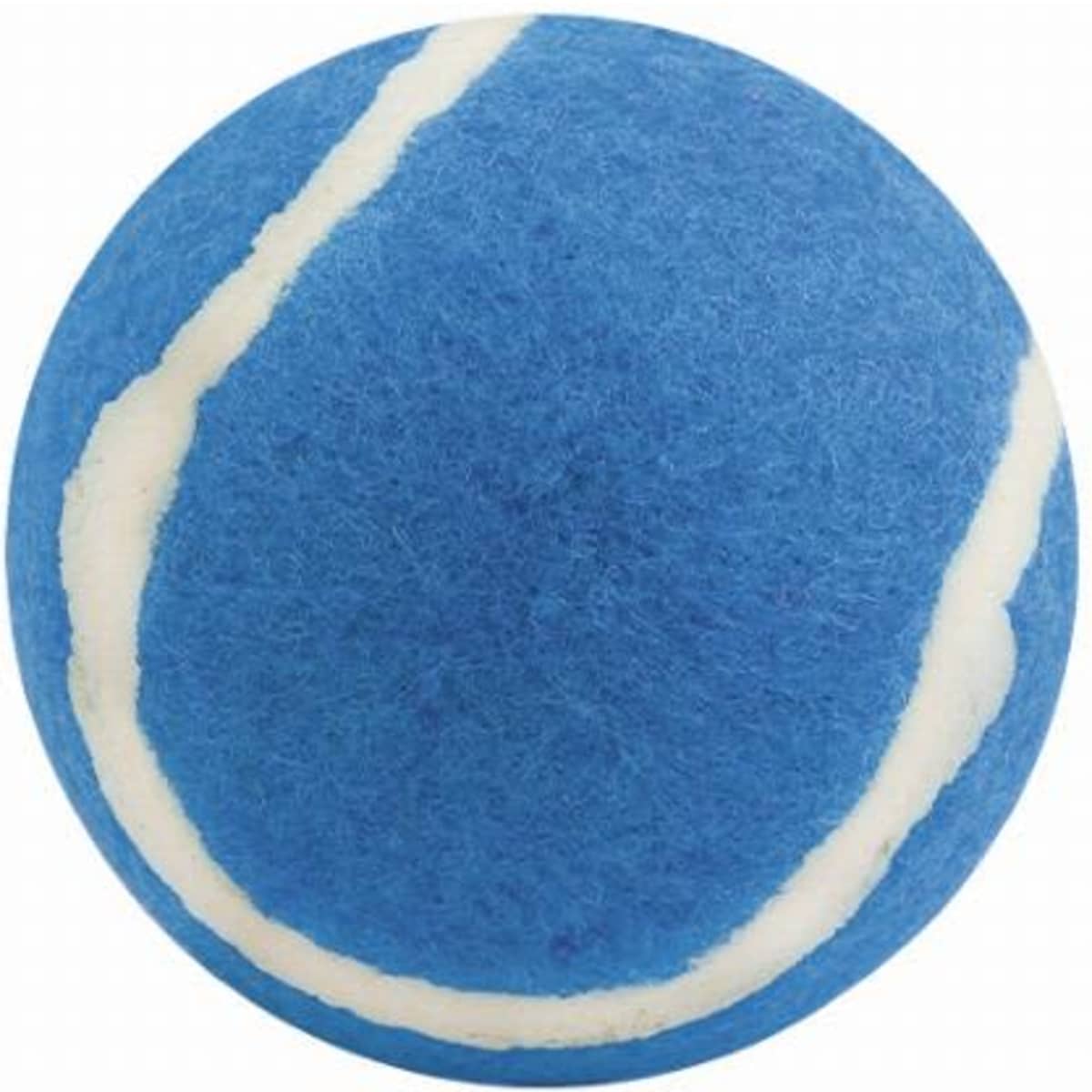 A blue tennis ball with a white stripe, featuring a fuzzy texture. It has a round shape and is suitable for sports.