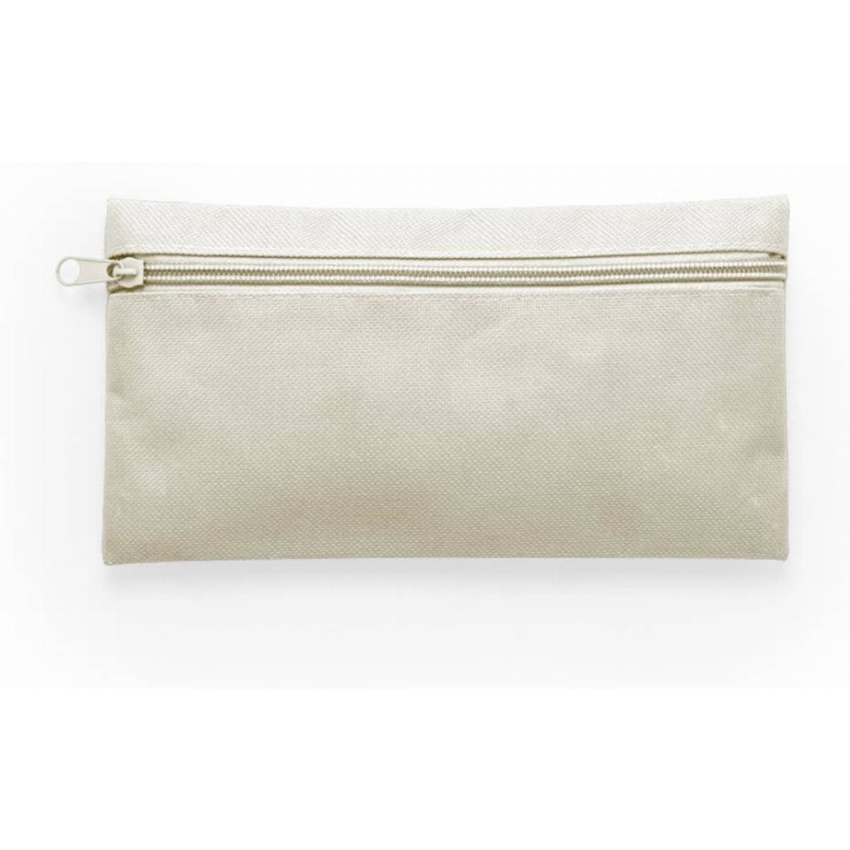 A zippered pouch in a light beige colour with a smooth fabric surface.