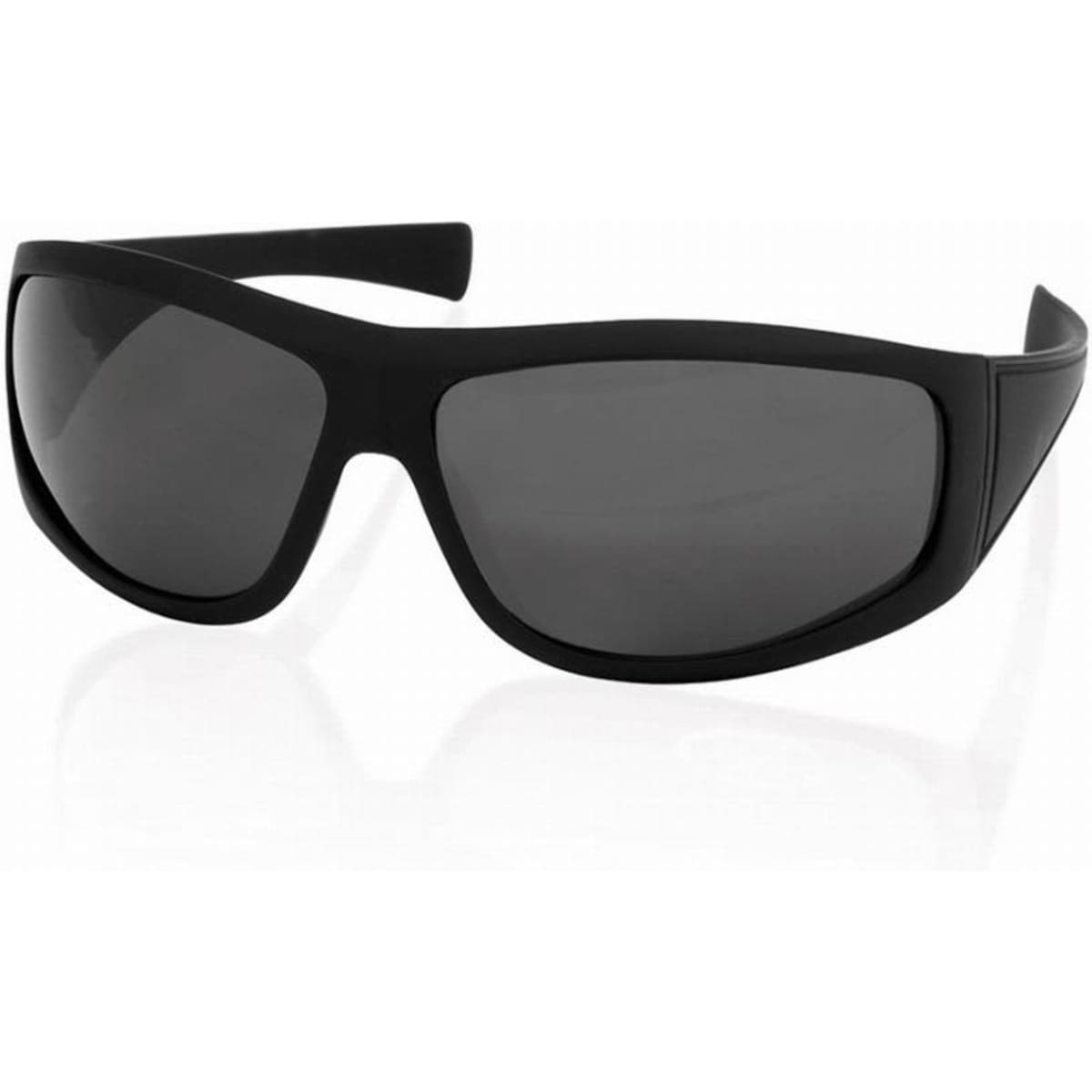 A pair of black sunglasses with dark lenses and a sleek, sporty design.