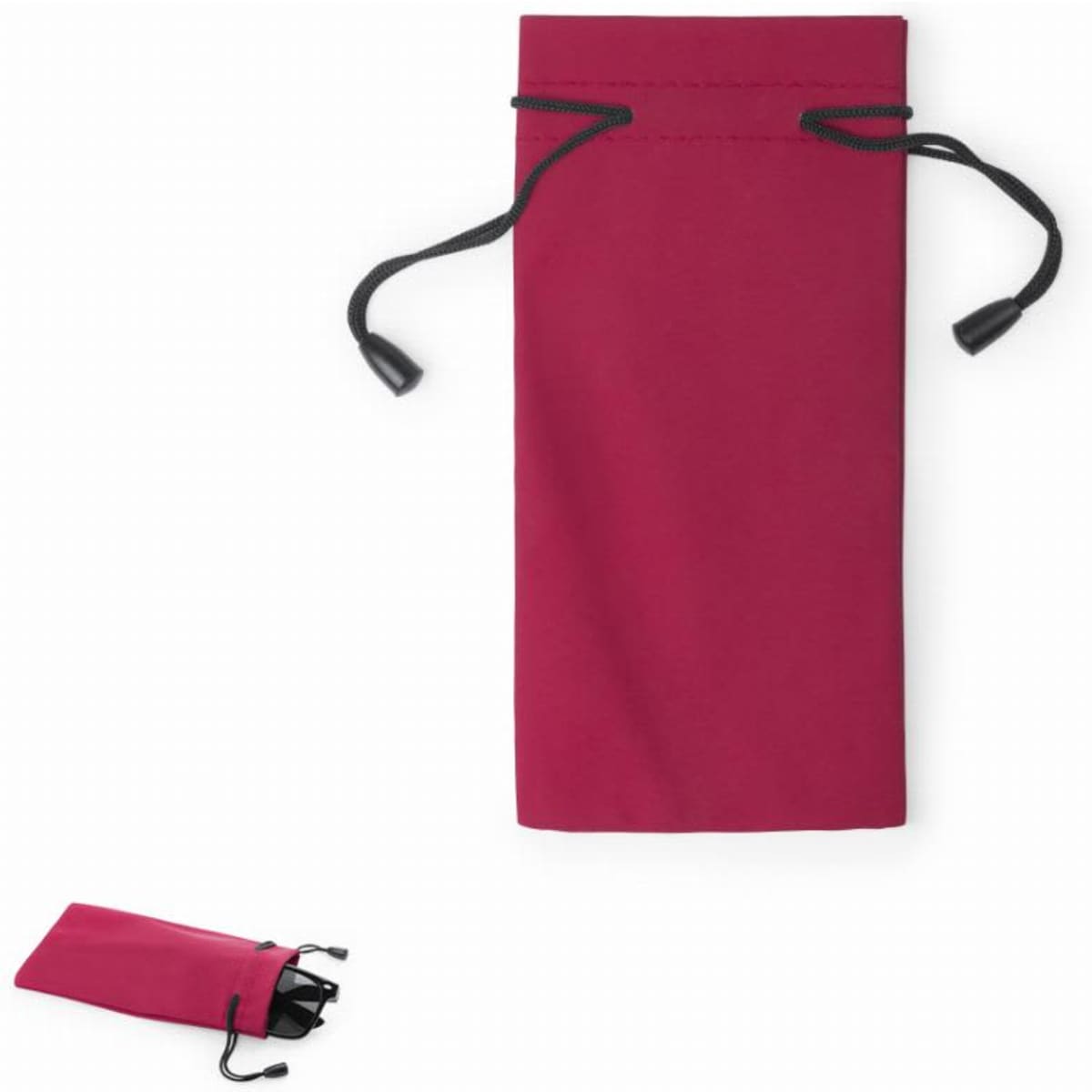 A drawstring pouch in a vibrant burgundy colour, featuring black cord ties and a simple design.