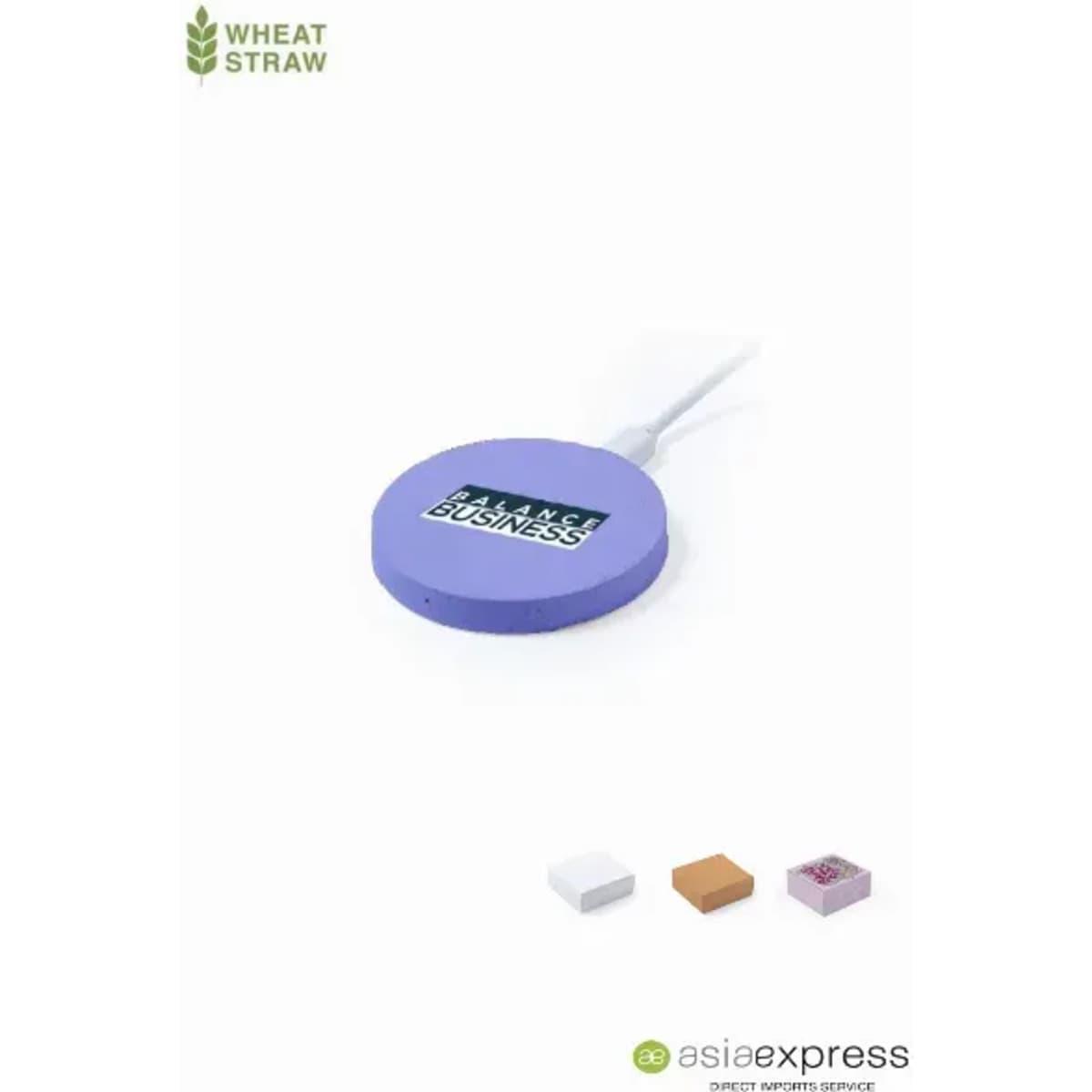 A purple wireless charger with a logo, featuring a white cable and additional colours: white, brown, and pink.