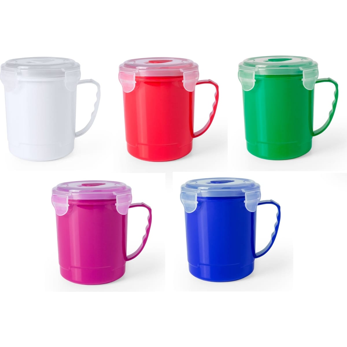 A drink bottle collection featuring five colours: white, red, green, pink, and blue, with clear lids and handles.