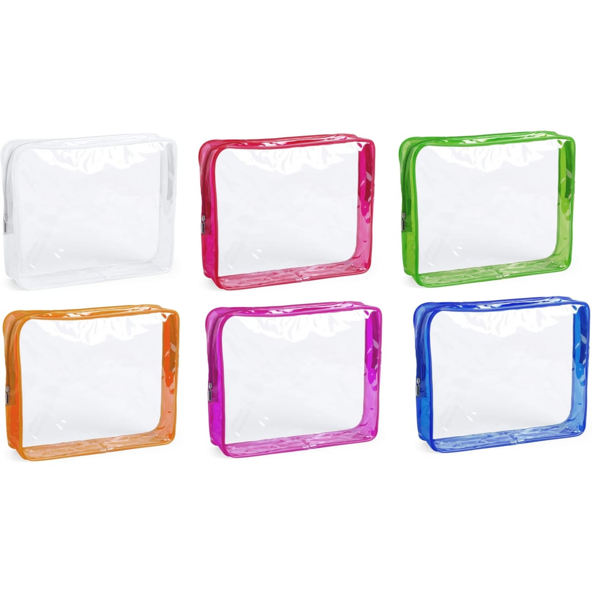 A set of clear vinyl bags in orange, pink, green, and purple, featuring zip closures and a glossy finish.