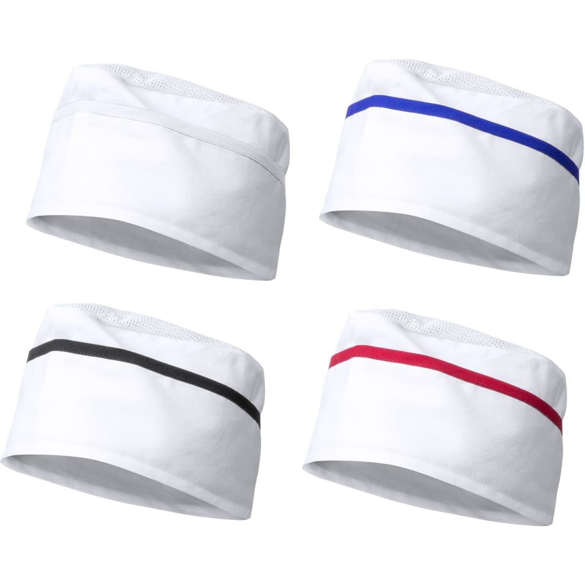 A set of four headbands in white, featuring blue, black, and red stripes, with a mesh design. Each has a logo.