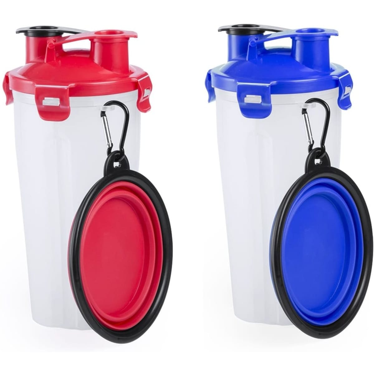 A drink bottle set featuring a transparent design with red and blue lids, and a removable black base. Each includes a carabiner.