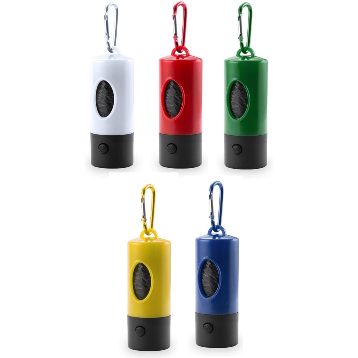 A collection of five mini lanterns in white, red, green, blue, and yellow, each with a black base and a carabiner.