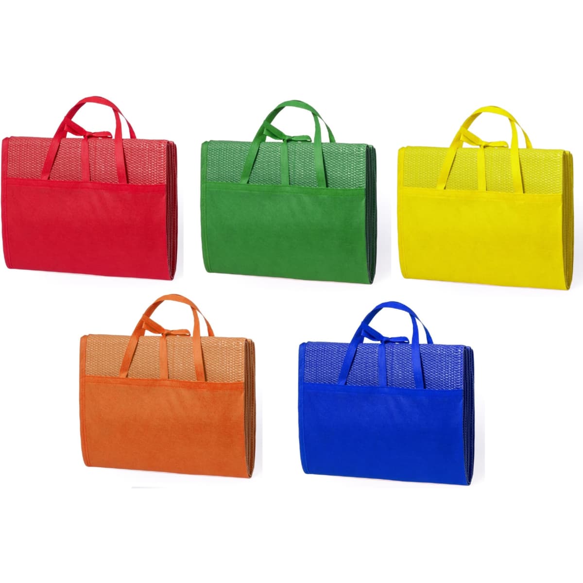 Five tote bags in red, green, yellow, orange, and blue, featuring mesh panels and sturdy handles.