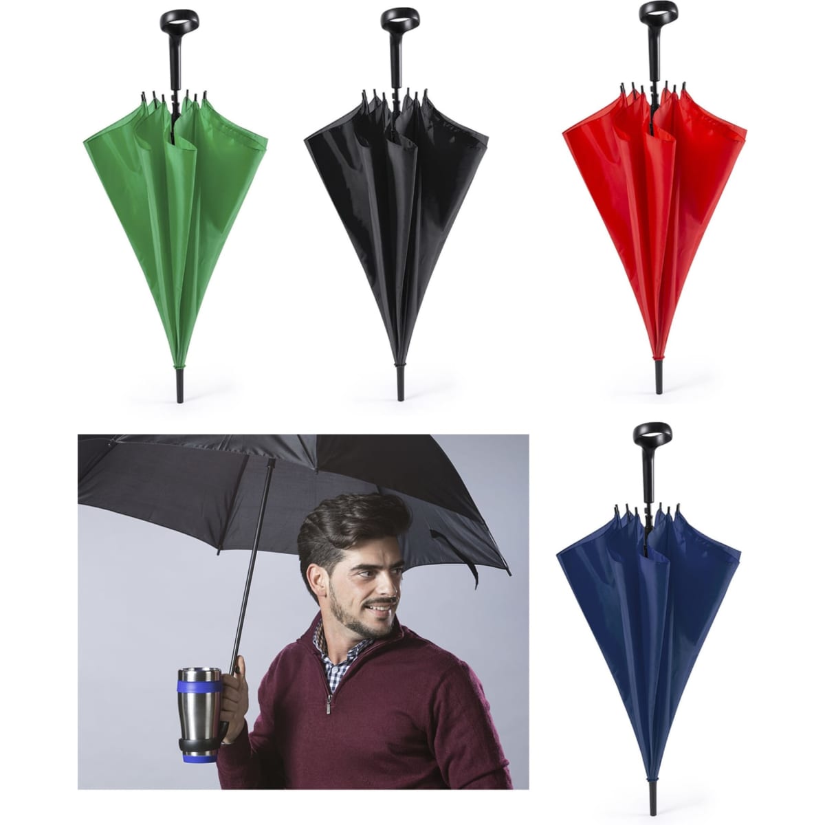 A set of four umbrellas in green, black, red, and blue, with a person holding a black umbrella and a drink bottle.