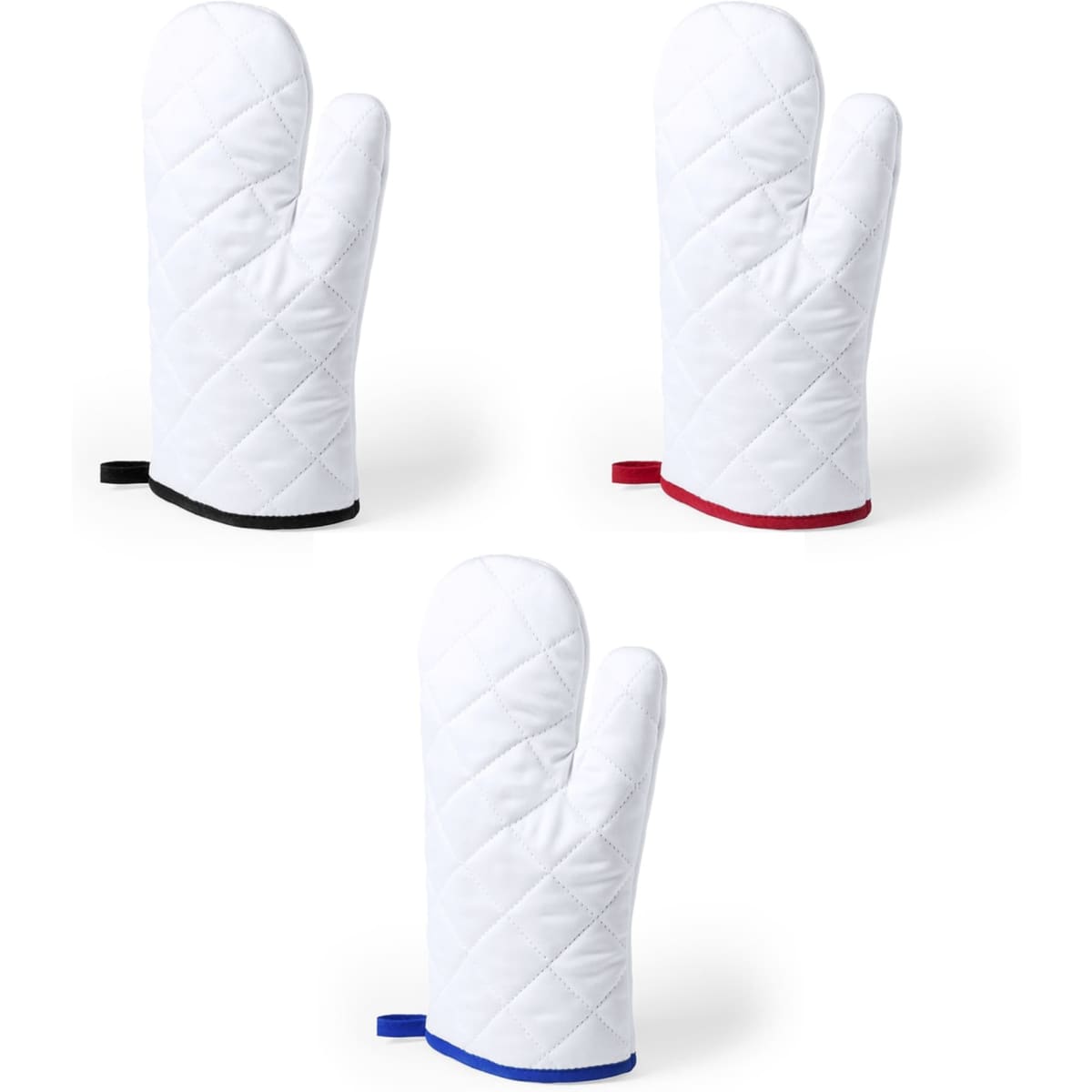 A set of three quilted oven mitts in white, featuring black, red, and blue accents. Each mitt has a hanging loop.