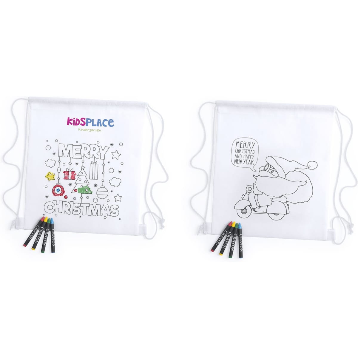 A drawstring bag in white with Christmas-themed designs and markers in various colours included.
