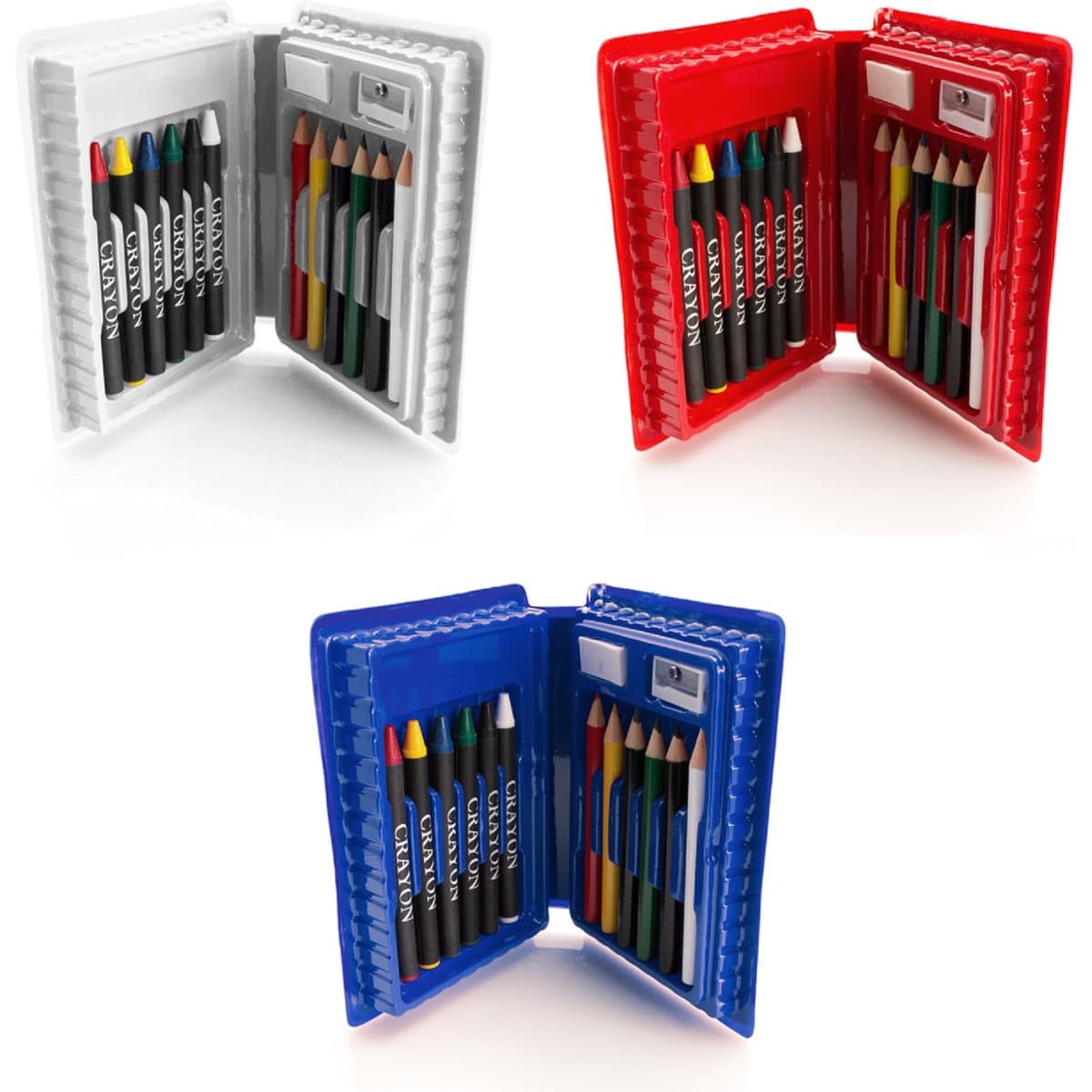A pencil case featuring a white, red, and blue design, filled with coloured pencils and a sharpener.