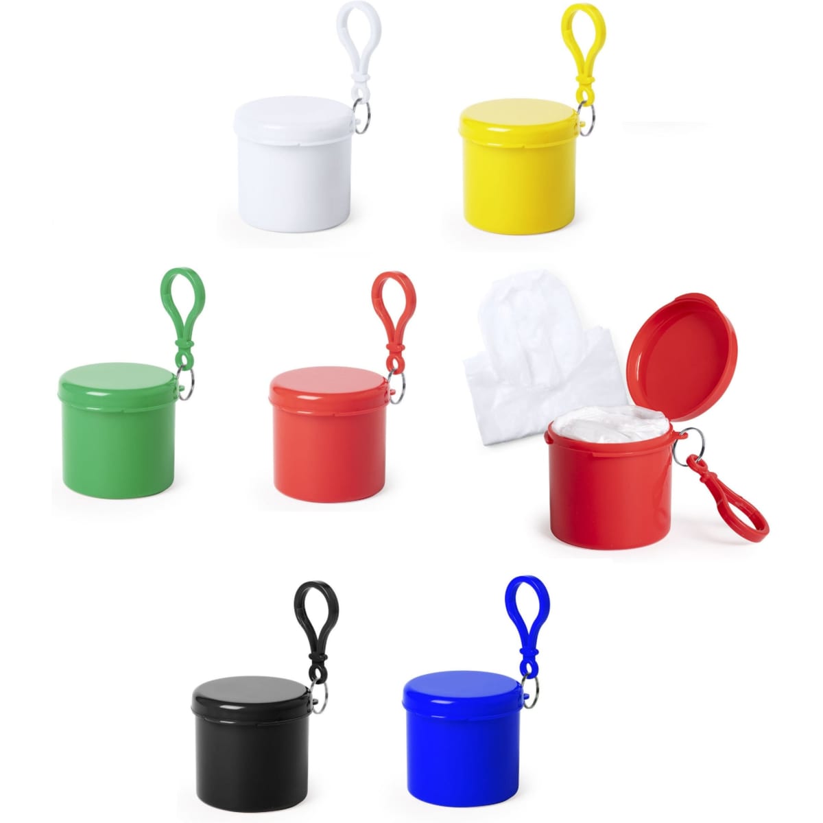 A set of eight circular containers in various colours: green, red, black, blue, white, yellow, with clips attached.