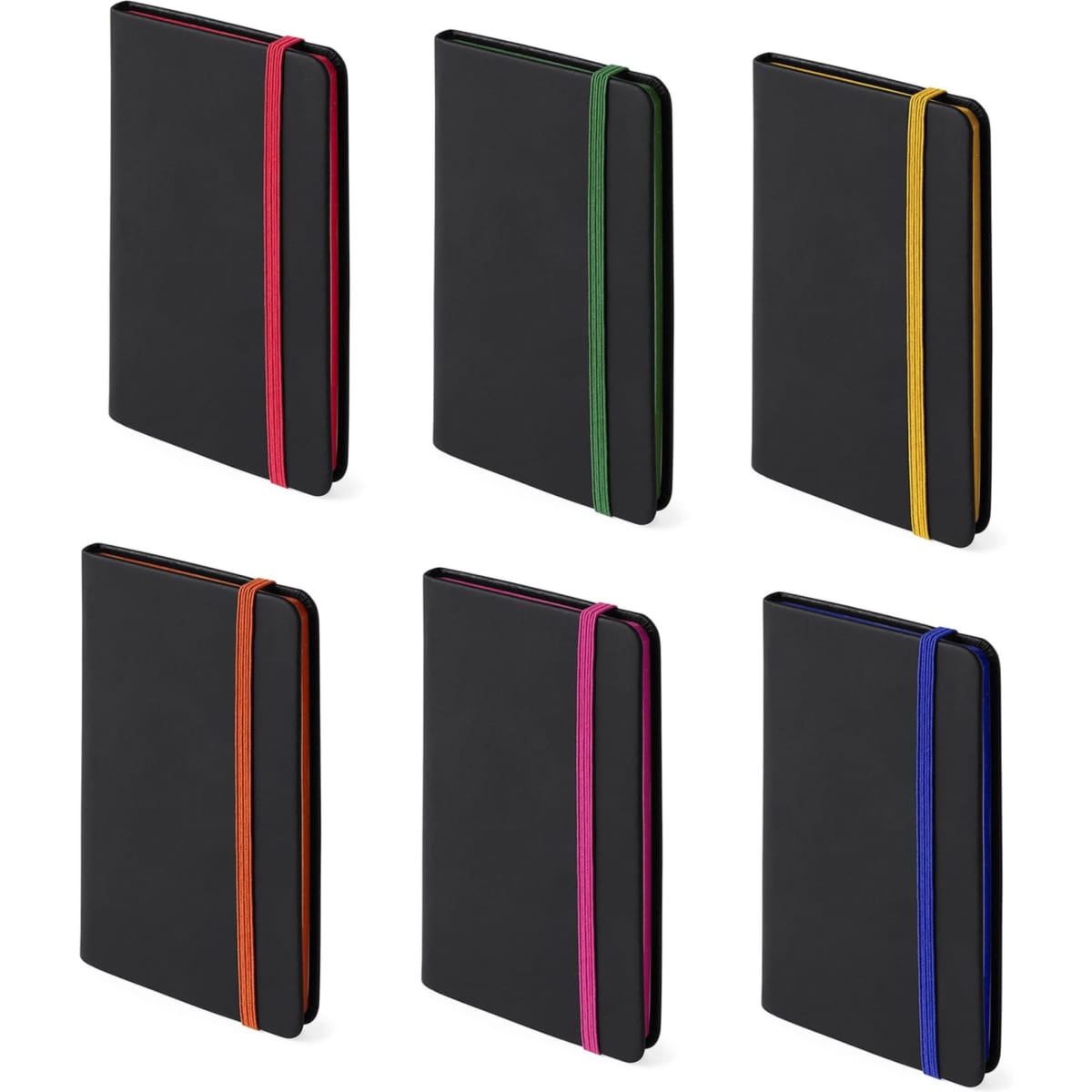 A set of six black notebooks featuring colourful elastic bands in pink, green, yellow, orange, purple, and blue.