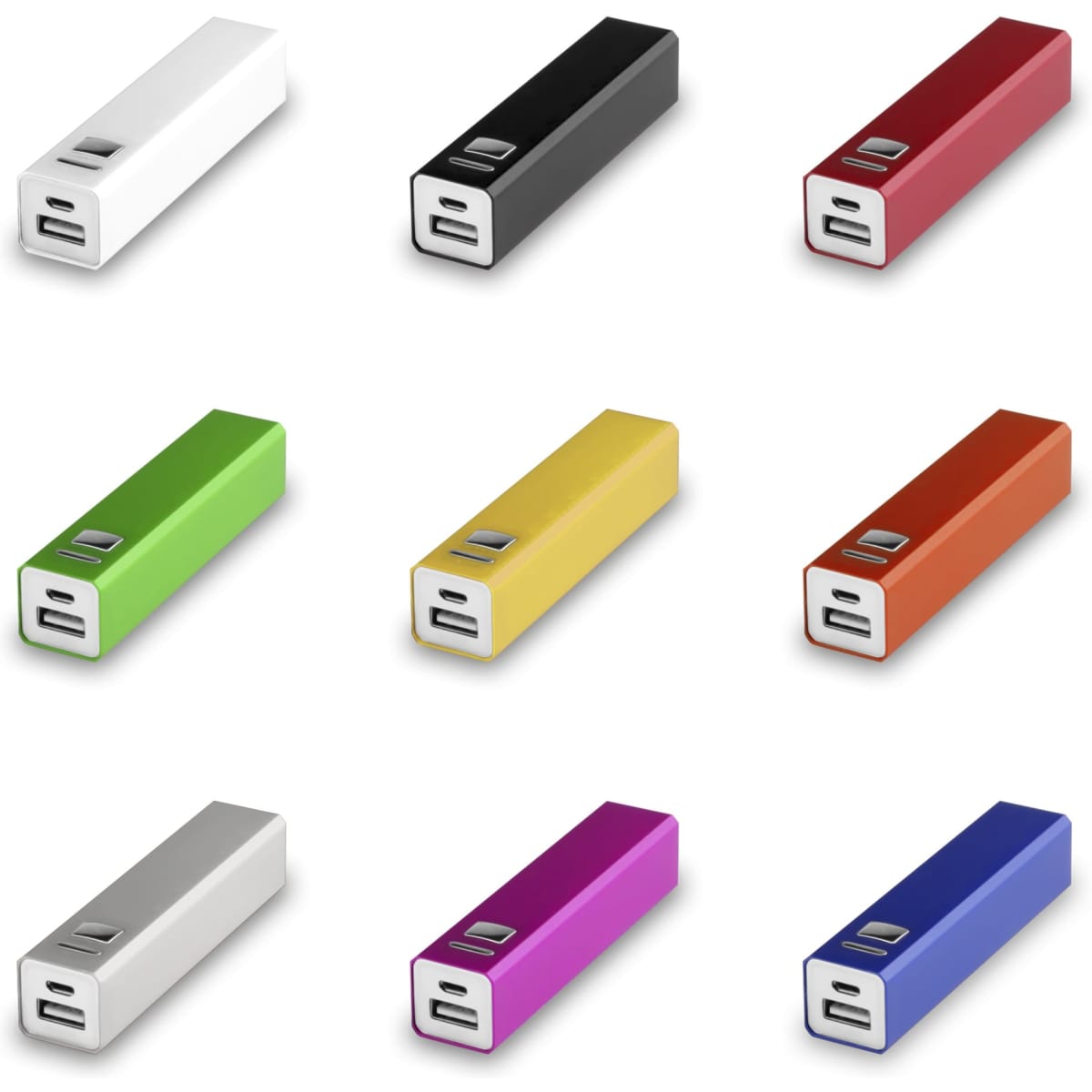 A set of portable power banks in various colours: white, black, red, green, yellow, orange, silver, purple, and pink. Each has two USB ports.