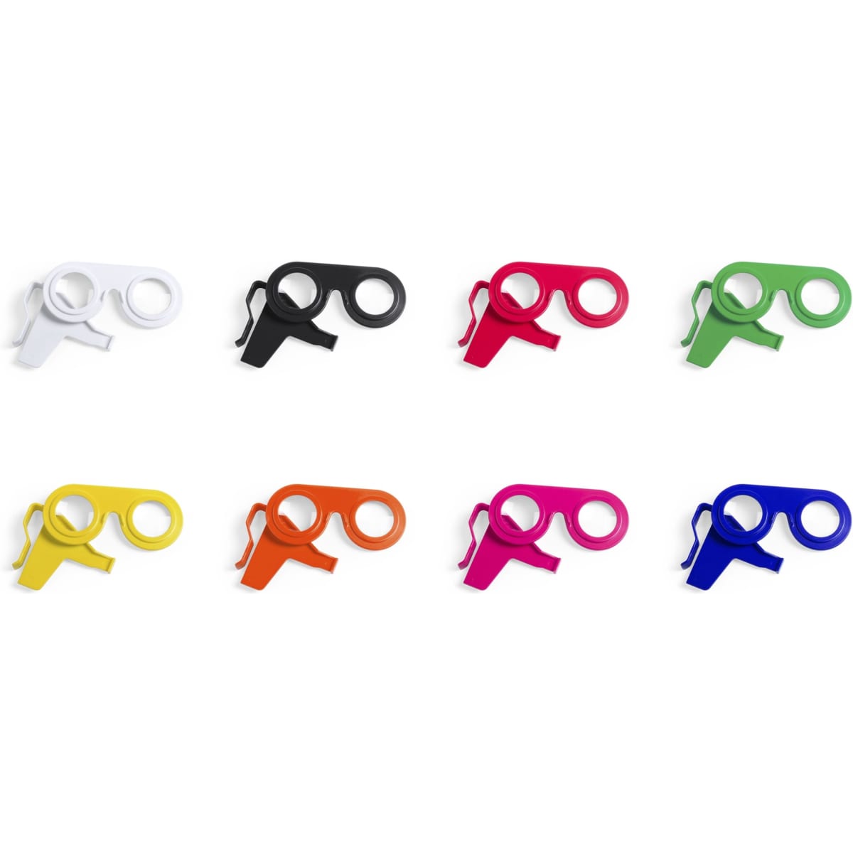 A set of novelty glasses in various colours including white, black, yellow, orange, green, pink, and blue. Each pair has a logo.