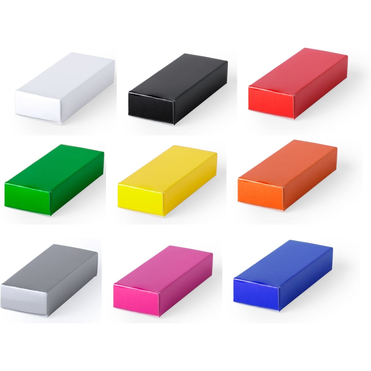 A selection of nine rectangular boxes in various colours: white, black, red, green, yellow, orange, grey, pink, and blue.