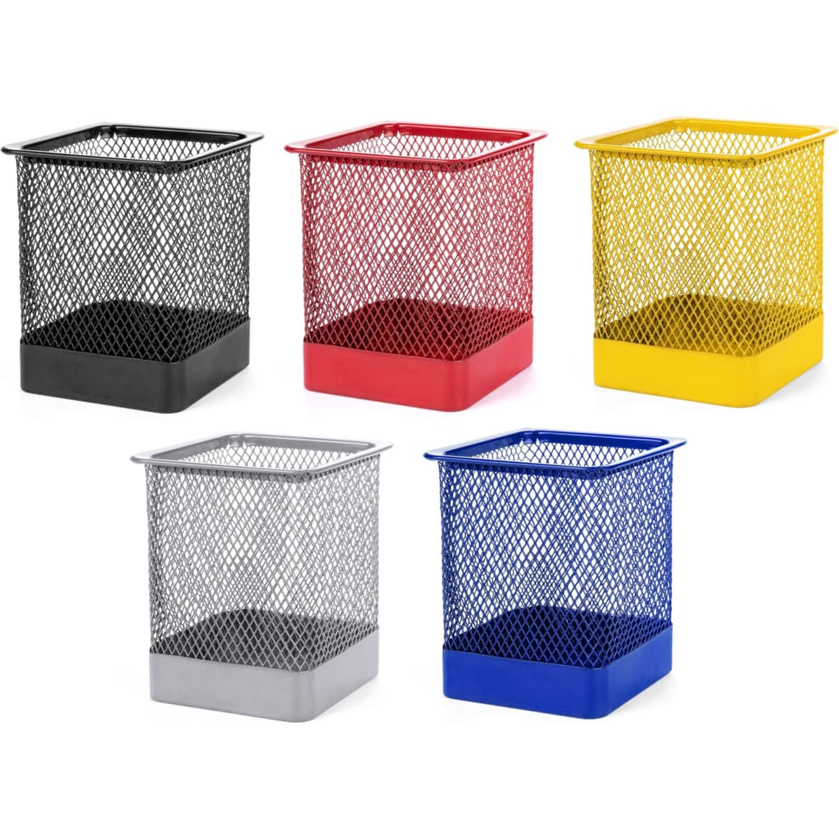 A collection of five mesh waste bins in black, red, yellow, blue, and grey, each with a square design.