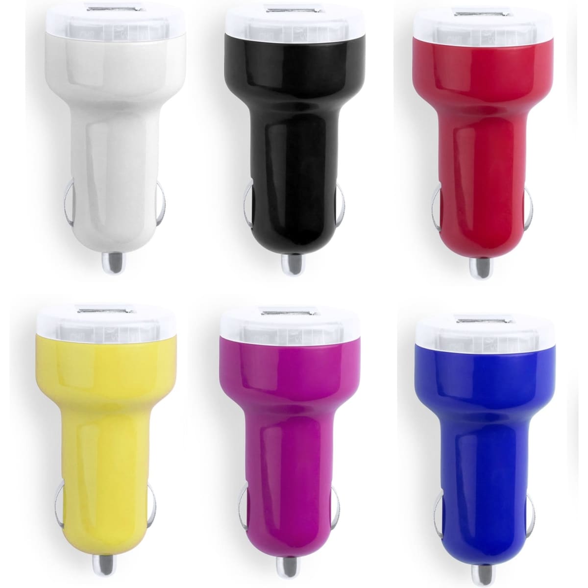 A set of six car chargers in white, black, red, yellow, purple, and blue, each with a logo on the front.