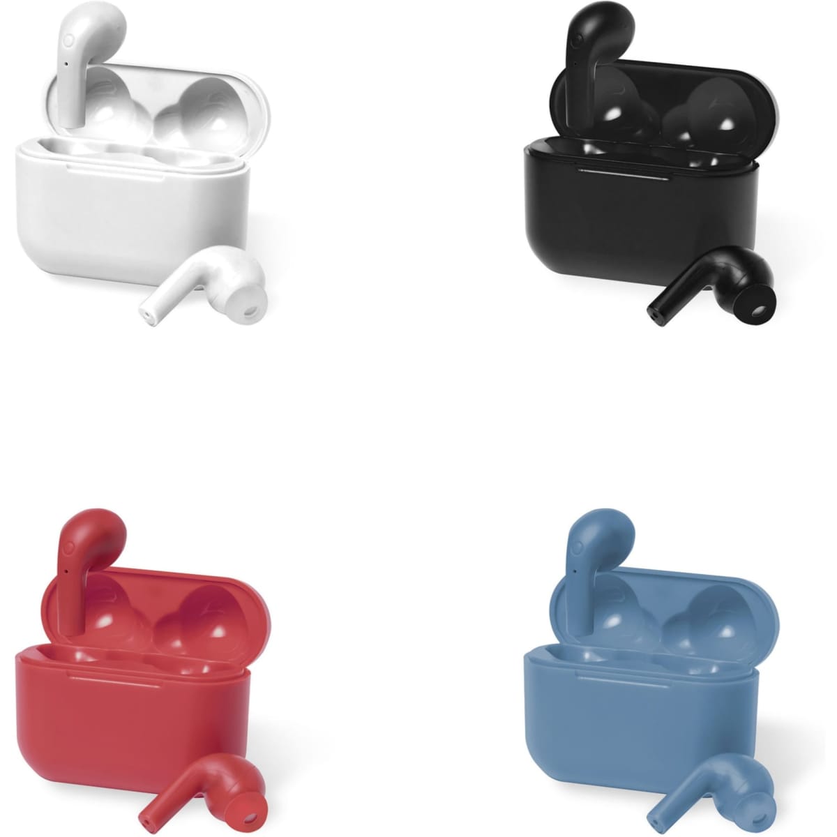 Four pairs of wireless earbuds in white, black, red, and blue, each with matching charging cases.