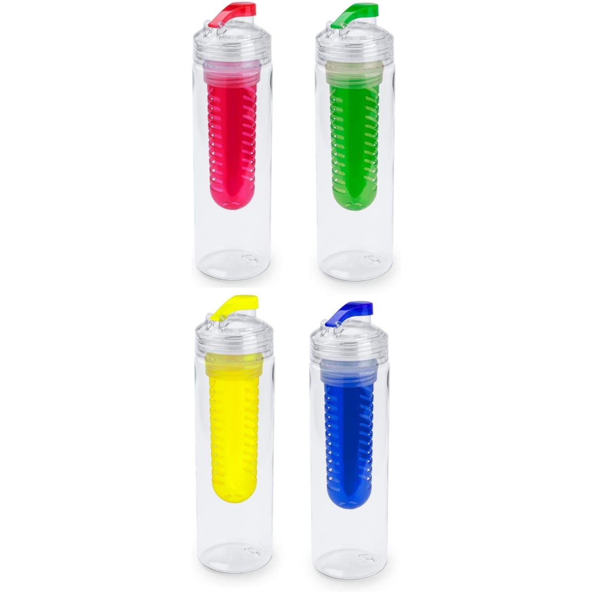 A drink bottle in four colours: pink, green, yellow, and blue, with a clear body and a lid featuring a logo.