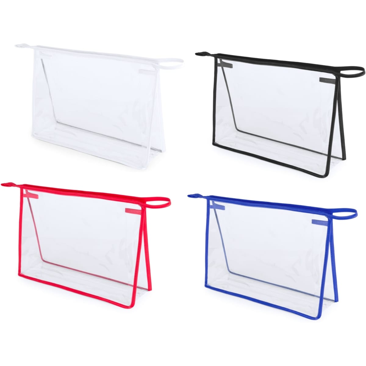A set of four transparent bags in red, blue, black, and clear with handles. Each bag has a structured design.
