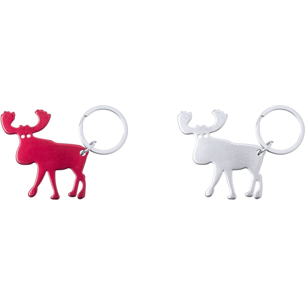 Two keychains in the shape of moose, one in bright pink and the other in silver, each attached to a metal ring.