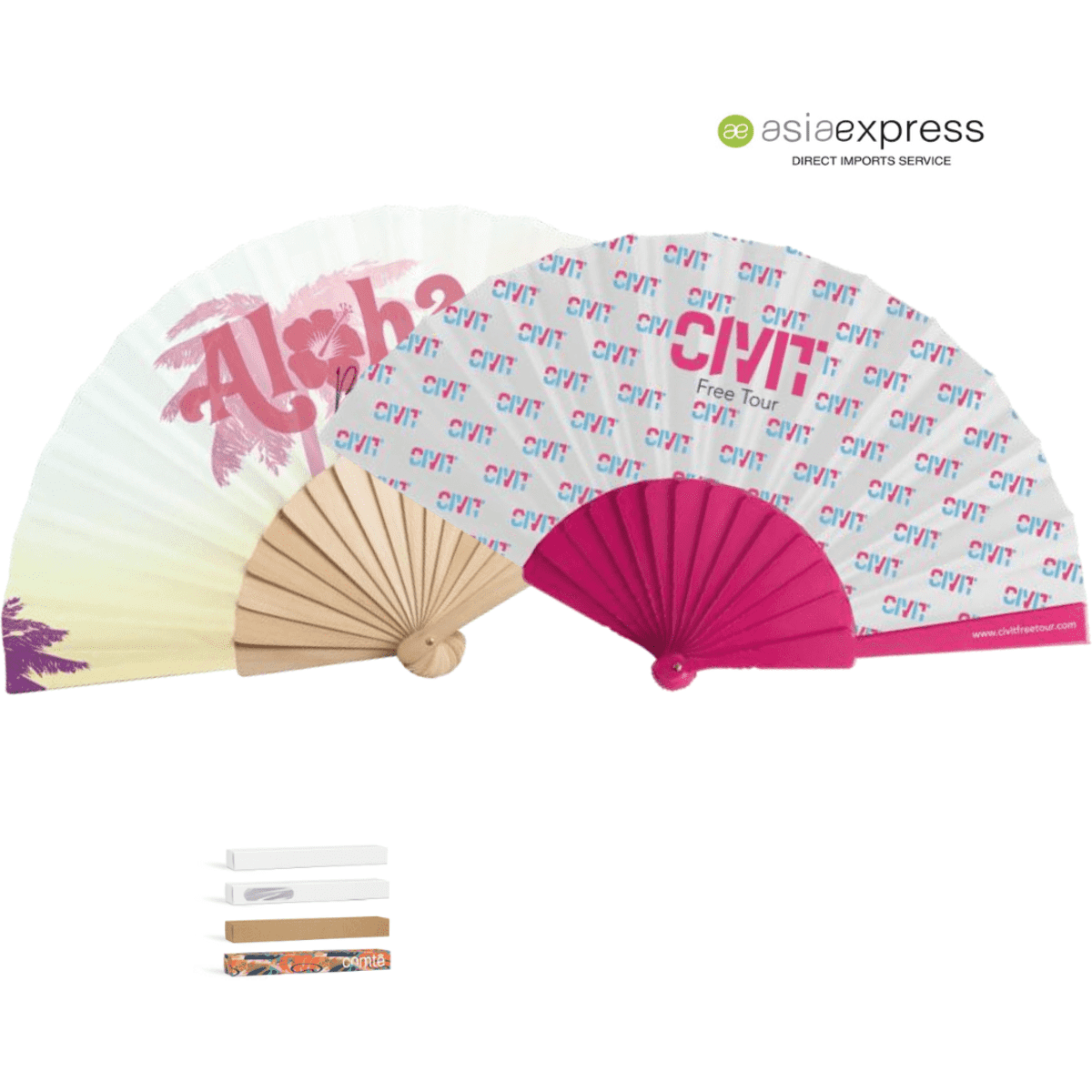 Custom fans in various colours, including pink and beige, featuring a logo and patterned design.