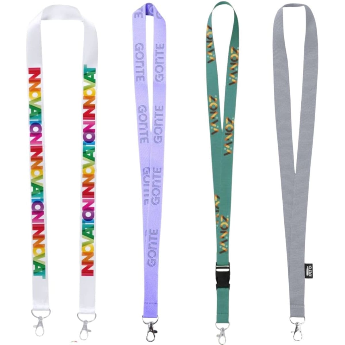 A set of four custom lanyards in various colours, featuring a logo and different designs.