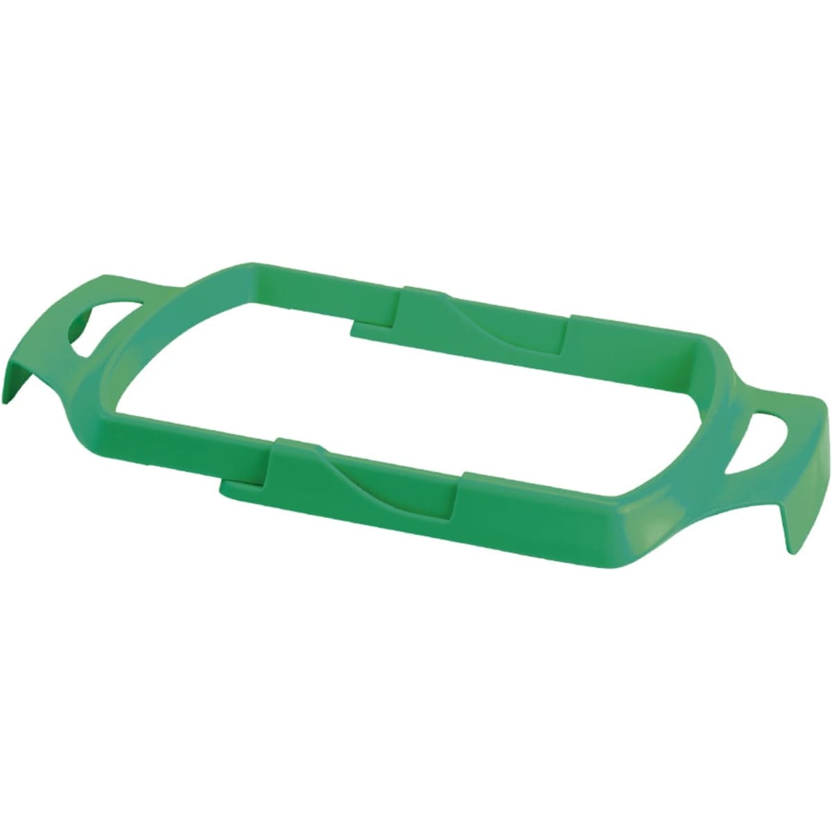 A green plastic holder designed for securing trash bags, featuring grips on both ends for easy handling.