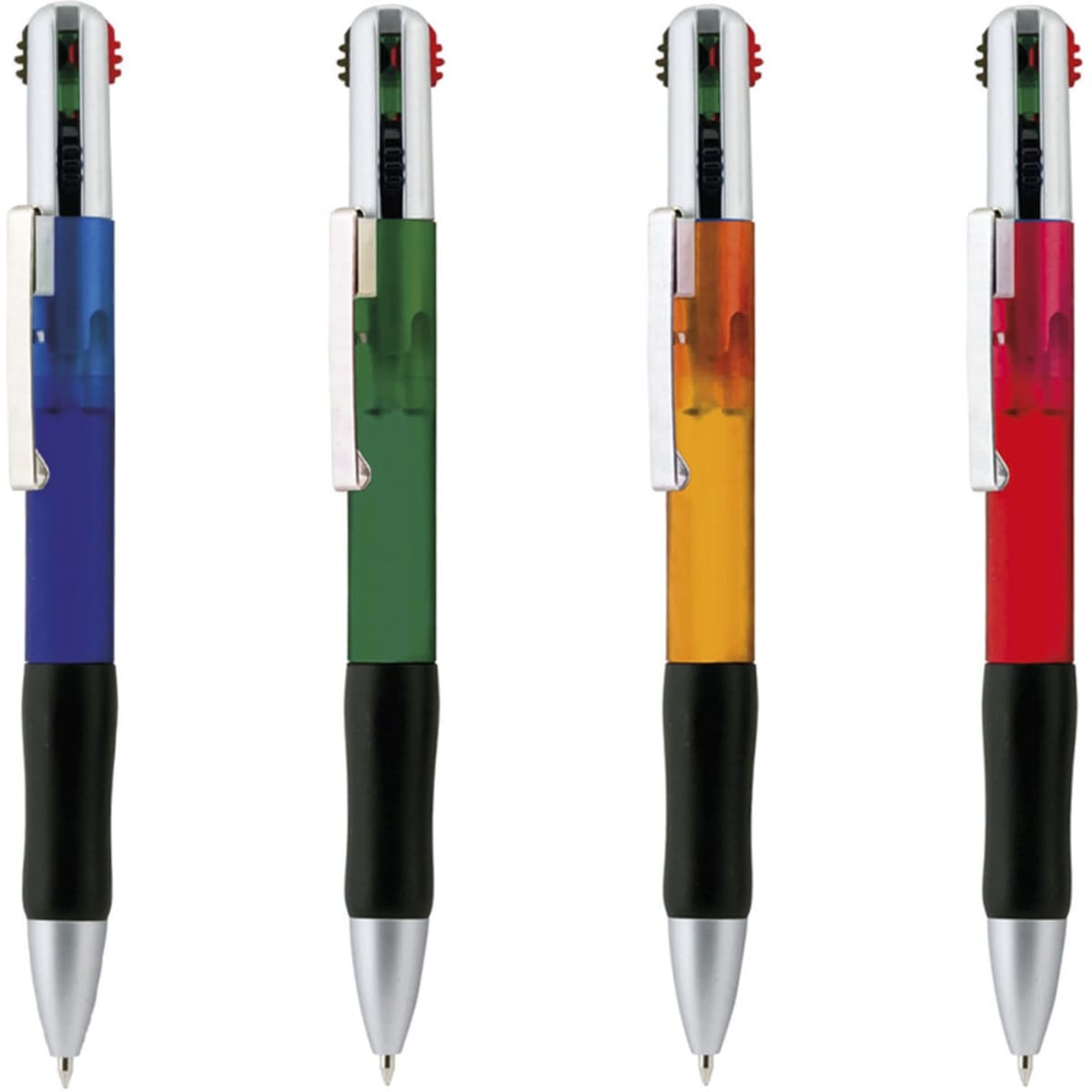 A set of four pens in blue, green, orange, and red, each with a chrome detail and black grip.