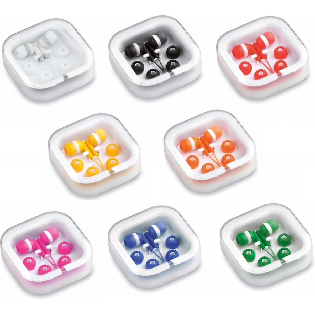 A set of earphones in various colours—black, white, pink, orange, yellow, blue, and purple—packaged in clear cases.