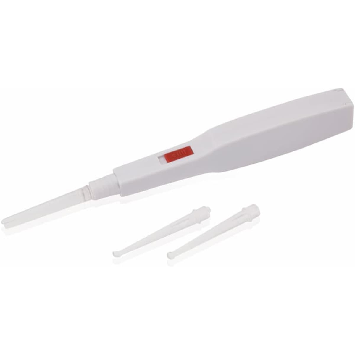 A white ear cleaner tool with a removable tip, accompanied by two additional tips. The product has a small red button.