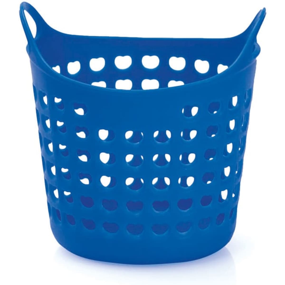 A blue multipurpose basket with a perforated design and two handles. It features a branding logo.