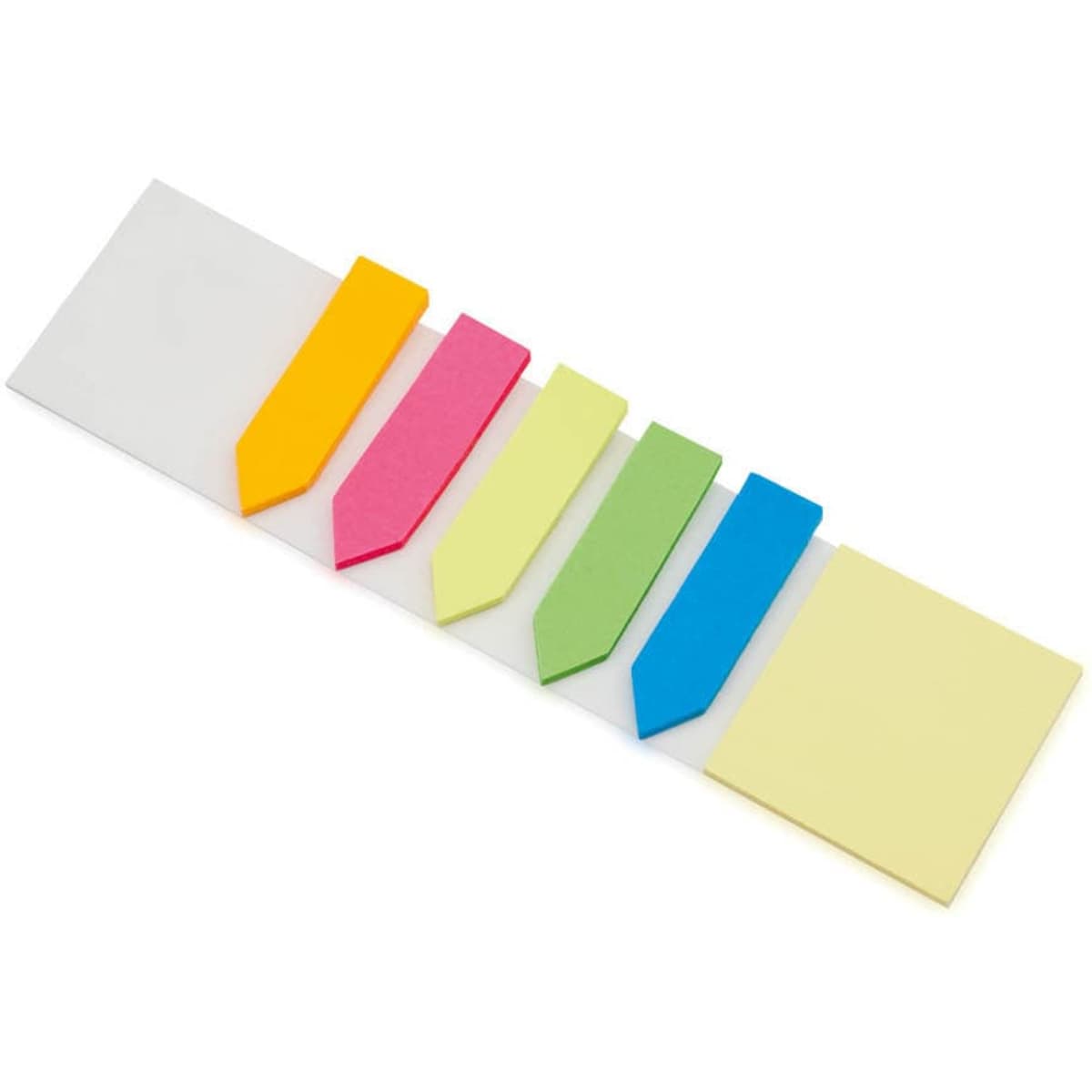 A set of sticky notes in various colours including yellow, green, blue, pink, orange, and white in different shapes.