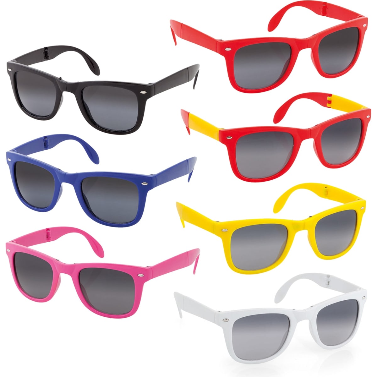 A collection of sunglasses in black, red, blue, yellow, pink, and white, featuring grey lenses and a logo on each.