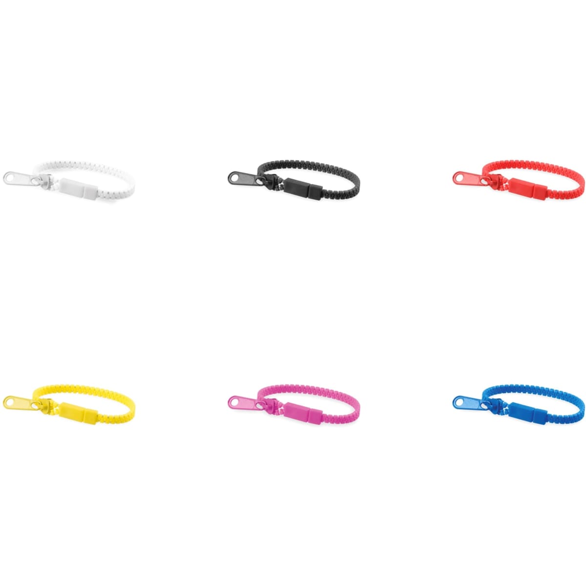 A collection of elastic wristbands in white, black, red, yellow, pink, and blue, each with a clip attachment.