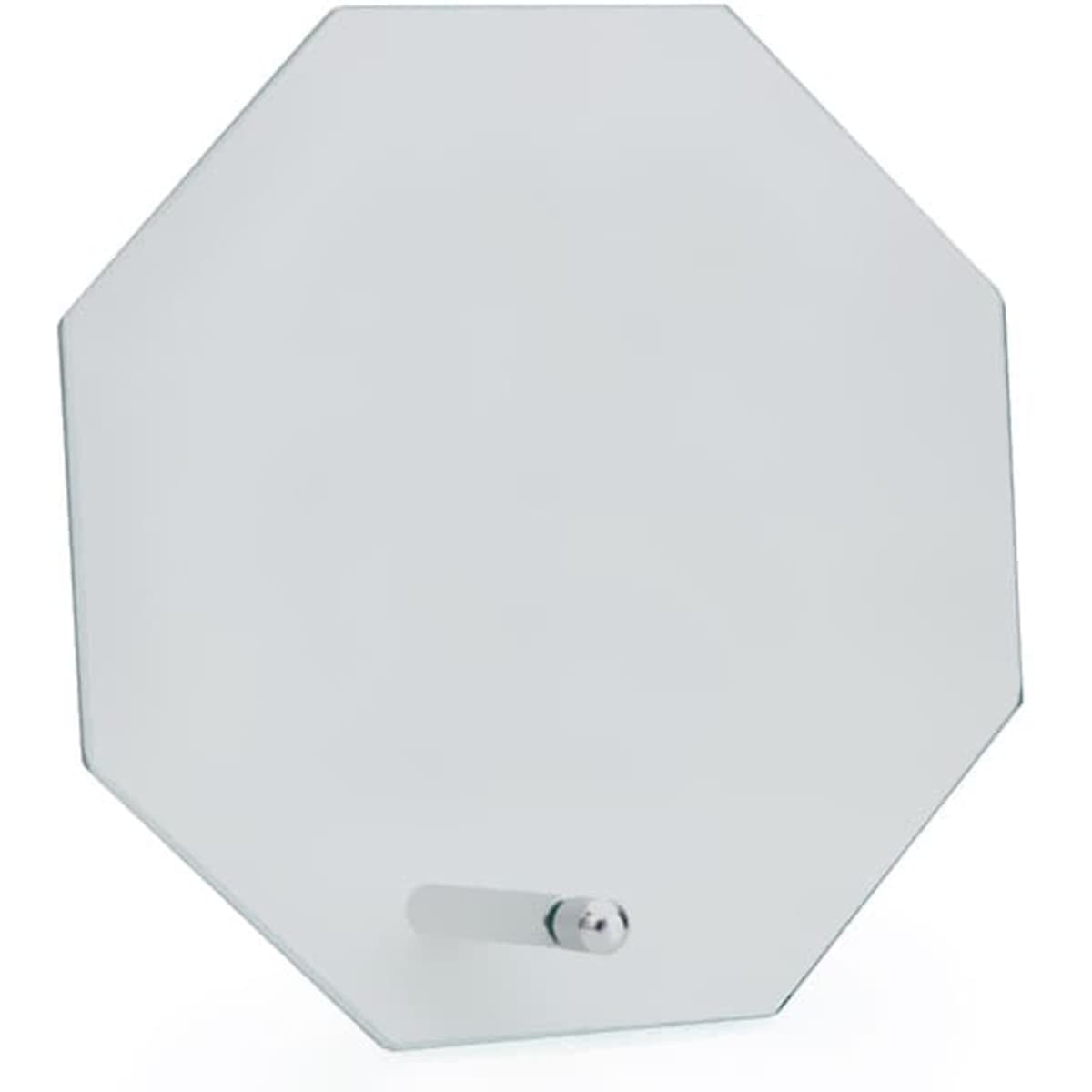 A glass octagonal mirror featuring a simple metallic fixture for wall mounting. The design is minimalist and elegant.