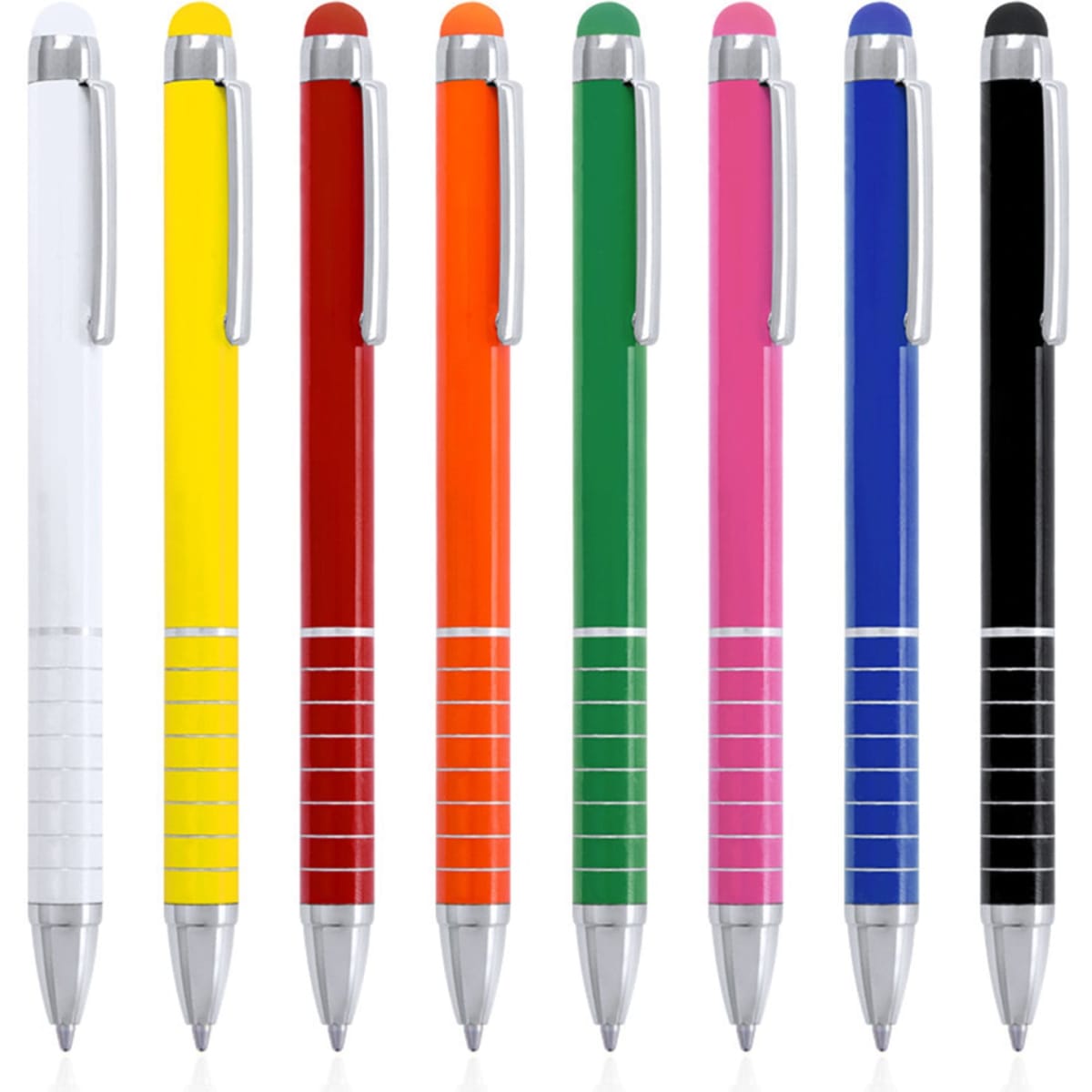A selection of eight pens in various colours: white, yellow, orange, red, green, pink, blue, and black, with silver accents.