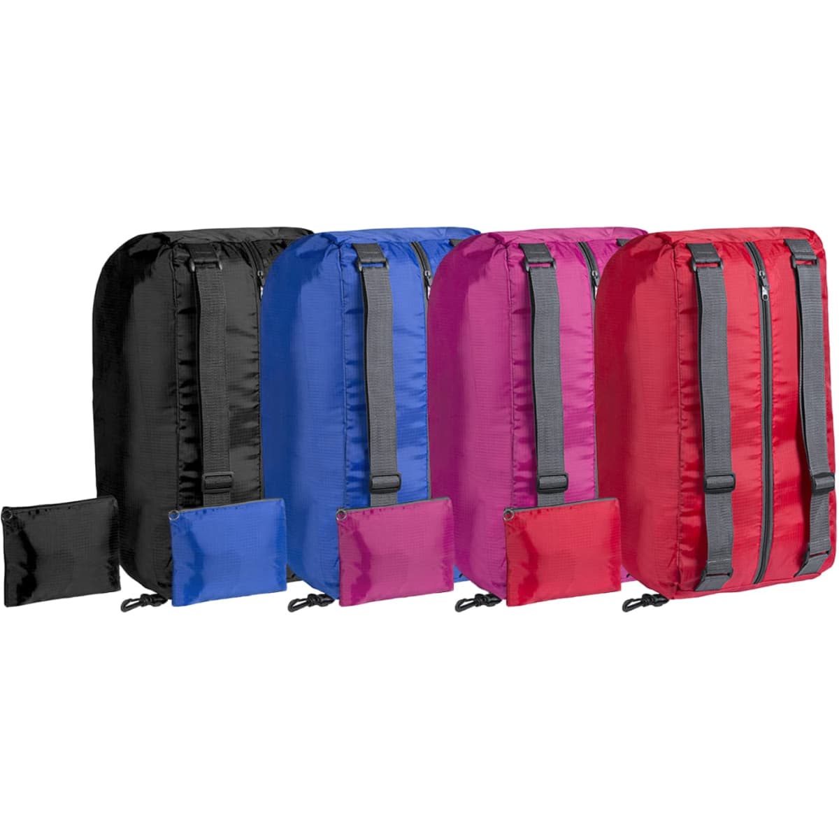 A set of four backpacks in black, blue, pink, and red, each with a small matching pouch. Each backpack features zippers and straps.