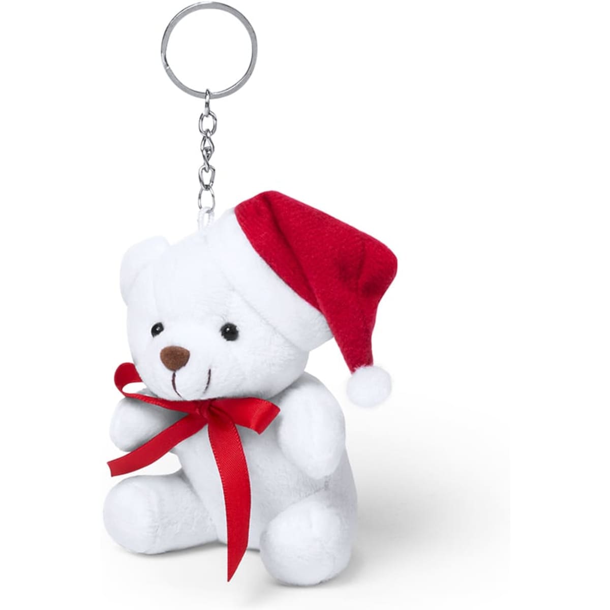 A keychain featuring a white teddy bear wearing a red Santa hat and a red bow. It has a silver chain.