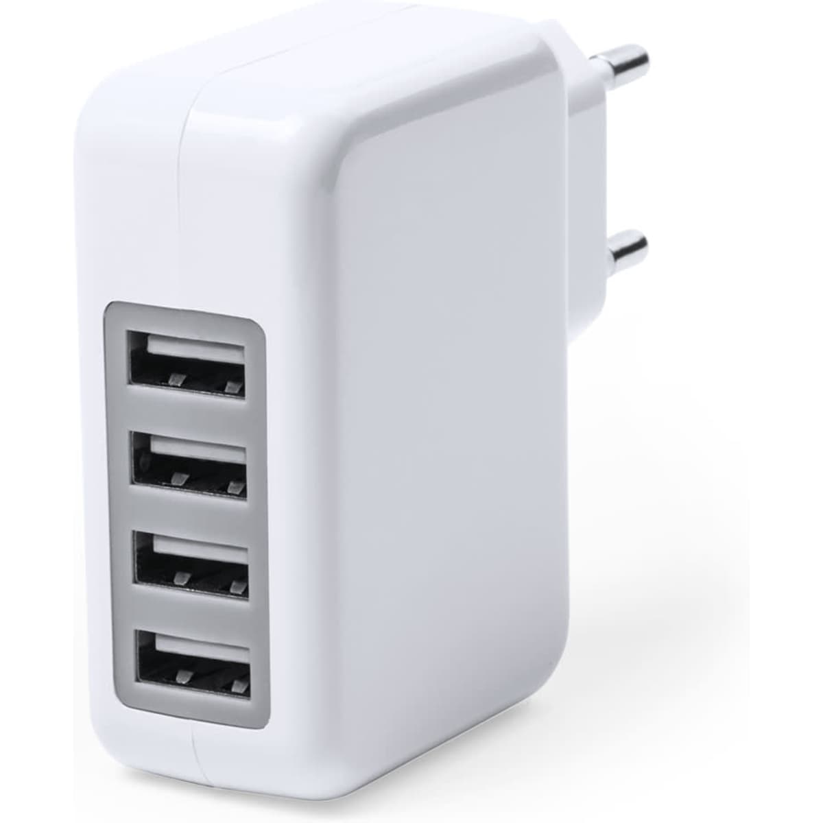 A white USB wall charger with four ports, designed for charging multiple devices simultaneously.