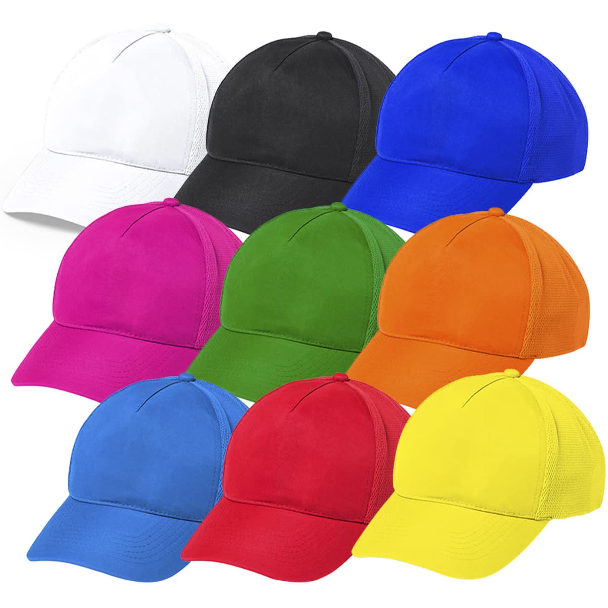 A collection of ten caps in various colours, including white, black, blue, pink, green, orange, red, and yellow. Each cap has a logo.