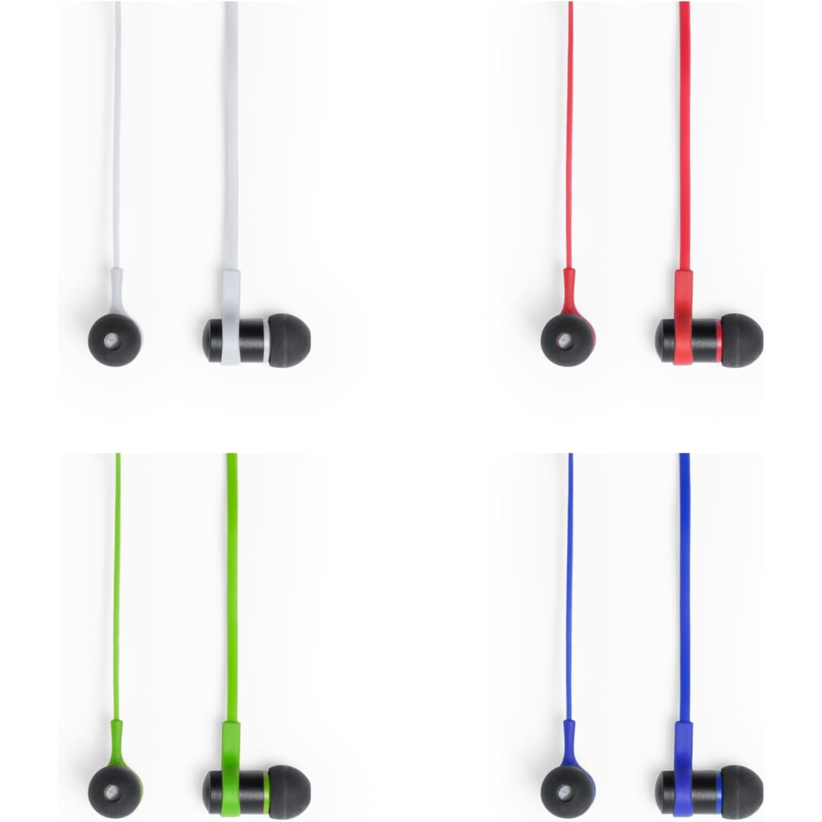 A set of earphones in four colours: white, red, green, and blue, with black ear tips and a sleek design.