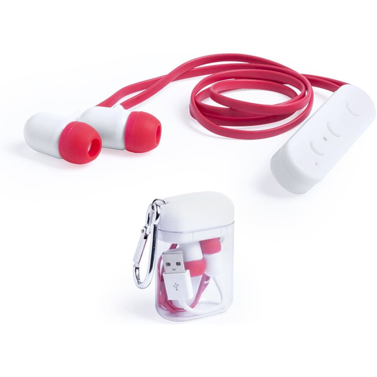 A pair of red and white earphones in a transparent case with a USB connector and a carabiner.